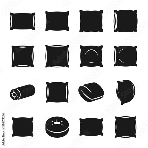 Collection of black silhouette pillow and cushion icons on white background