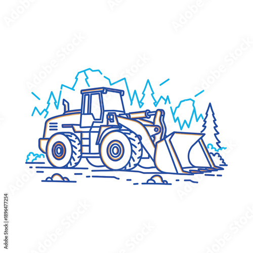 A blue line drawing of a tractor in a forest clearing with mountains.