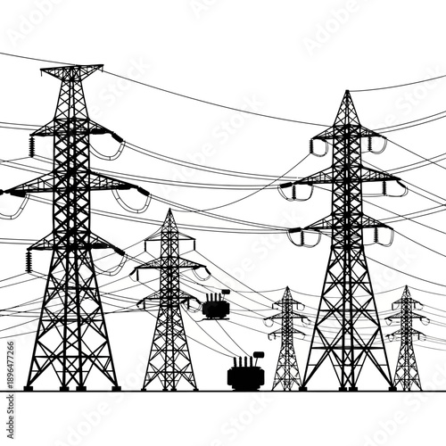 A black and white illustration depicting several electrical power transmission towers