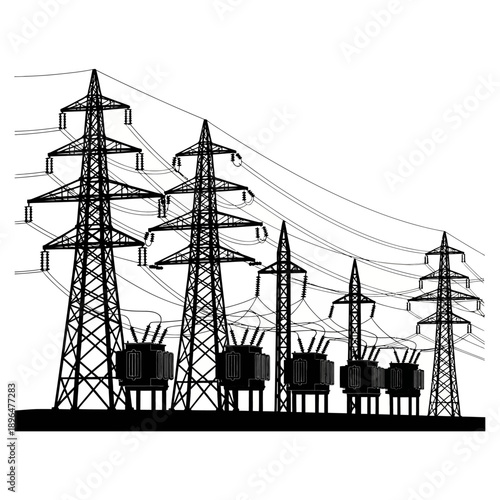 Black and white illustration of several electrical power transmission towers