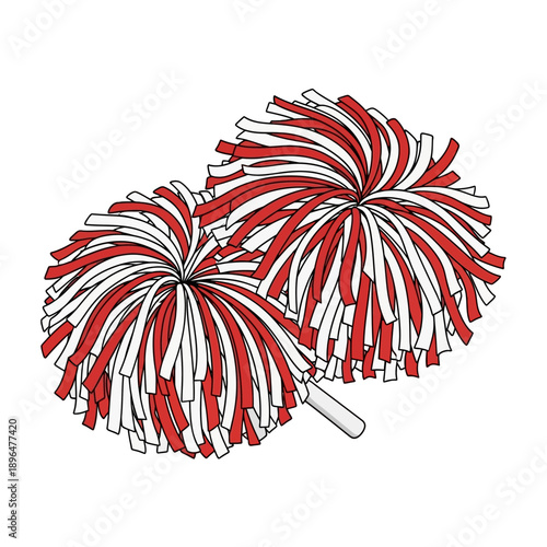 A pair of red and white pom poms commonly used for cheering and sports
