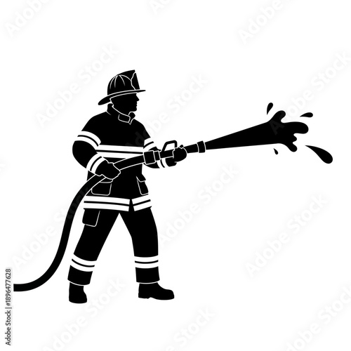 Black silhouette of a firefighter aiming a water hose at the viewer