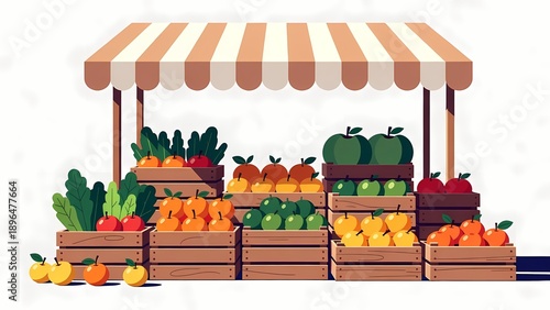 Cartoon market stall displaying assorted fruits and vegetables under a striped canopy
