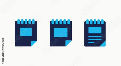 A set of simple icons depicting notebooks or notepads with varying content, ideal for notes, planning, or journaling.