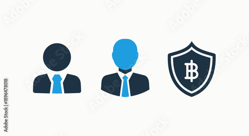 Icons representing business professionals and Bitcoin security, symbolizing financial transactions and crypto security.