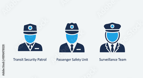 Icons representing transit security patrols, passenger safety units, and surveillance teams in a transportation context.