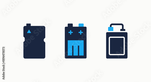 Various icons of batteries and power cells, symbolizing energy storage, power supply, and electrical charge.