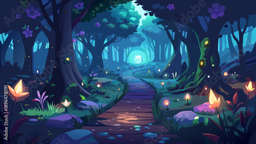 Very beautiful enchanted woodland path glowing softly under moonlight, lined with bioluminescent flowers and floating lights, leading into a mysterious and peaceful fantasy night world.