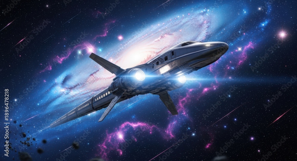 Obraz premium Futuristic spaceship soaring through a vibrant galaxy.