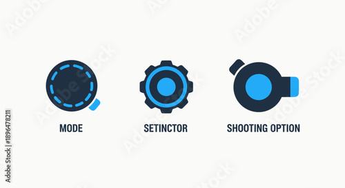 Camera icons representing shooting mode, settings adjuster, and shooting options for professional photography and videography settings.
