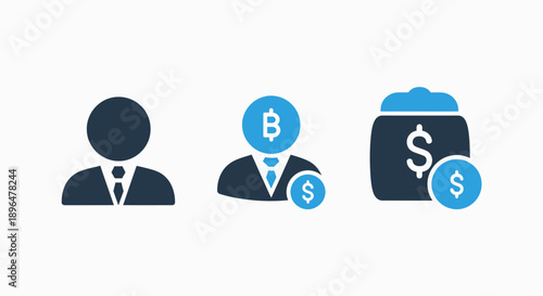 Finance and business icons representing financial concepts, Bitcoin transactions, and investment growth with dollar symbols.