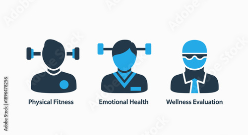 Icons representing physical fitness, emotional health, and wellness evaluation, symbolizing holistic well-being and self-care.