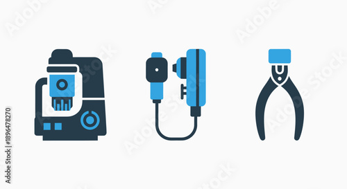 Icons for laboratory equipment: a centrifuge, a blood analyzer, and surgical forceps, representing medical technology and diagnostics.
