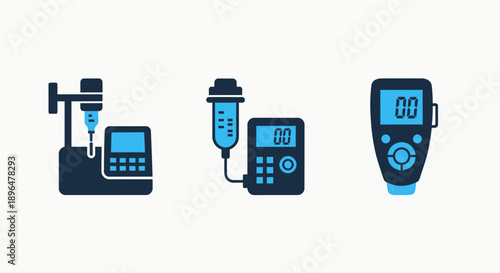Medical device icons: infusion pump, drip bag, and digital meter for patient care, fluid therapy, and health monitoring.