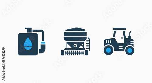 Agricultural icons: water tank, fertilizer spreader, and tractor, representing farming equipment, crop cultivation, and modern agriculture.