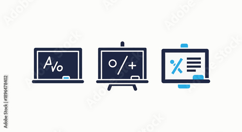 Mathematical icons on chalkboards: algebra, calculus symbols, and percentage chart for education and finance