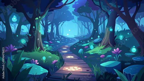 Very beautiful enchanted woodland path glowing softly under moonlight, lined with bioluminescent flowers and floating lights, leading into a mysterious and peaceful fantasy night world.