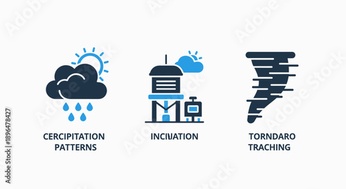 Weather icons: precipitation patterns with rain and sun, inclinometer for measurement, and tornado tracking for meteorology
