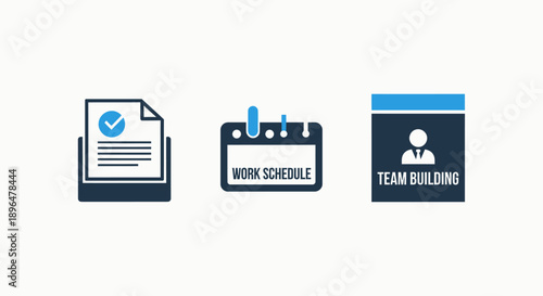 Business and office icons representing a document with checkmark, work schedule calendar, and team building, conveying productivity and collaboration.