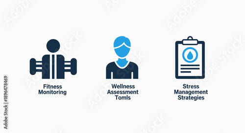 Health and wellness icons featuring fitness monitoring with dumbbells, wellness assessment, and stress management, promoting a healthy lifestyle.