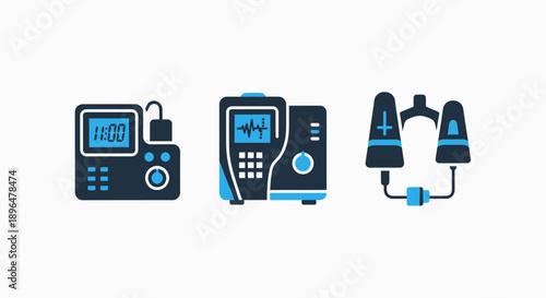 Medical equipment icons including a digital monitor, a vital signs machine, and defibrillator paddles, symbolizing healthcare technology and emergency response.