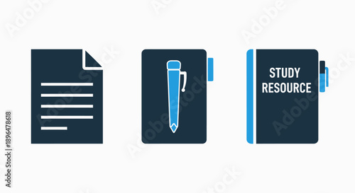 Icons depicting documents, a pen, and study resources, symbolizing learning, organization, and academic materials.