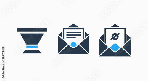 Set of icons representing a funnel, incoming mail, and undeliverable mail for filtering, communication, and message management.