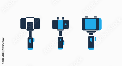Set of icons showing different selfie sticks and phone holders, representing mobile photography, vlogging, and content creation tools.