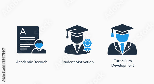 Educational icons showing academic records, student motivation, and curriculum development for school and learning institutions.