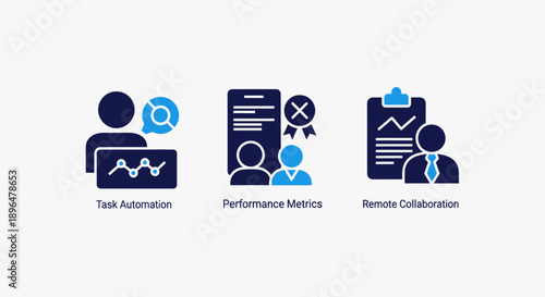 Icons for task automation, performance metrics, and remote collaboration, symbolizing workflow, productivity, and teamwork in business.