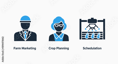 Agricultural Business Icons: Farm Marketing Professional, Crop Planning Specialist, and Irrigation Scheduling System for Sustainable Farming