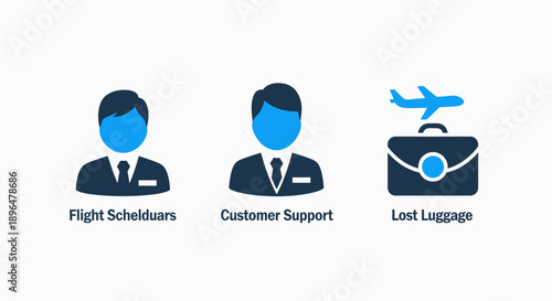 Travel Service Icons: Flight Scheduler, Customer Support Agent, and Lost Luggage Symbol representing airline and passenger assistance