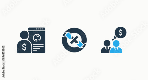Business and finance icons: online services, exchange rates, and financial discussions with dollar signs.