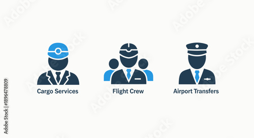 Transportation and logistics icons: cargo services, flight crew, and airport transfers, symbolizing travel and shipping.