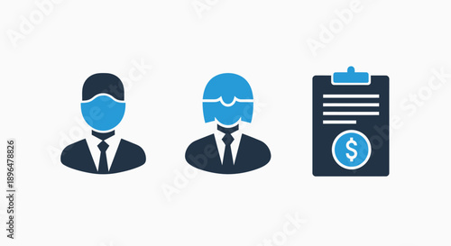 Business and finance icons featuring people and a document with a dollar sign for financial services.