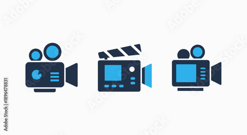 Video production icons: camera, clapperboard, and video camera representing filmmaking and content creation.