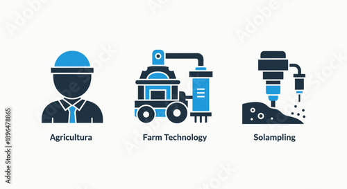 Set of icons for agriculture, farm technology, and soil sampling, representing modern farming and rural development.