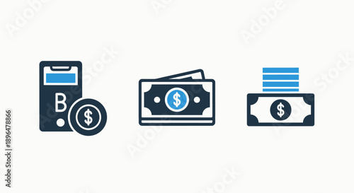 Financial icons showcasing digital payments, cash, and money stacks, symbolizing finance and banking.