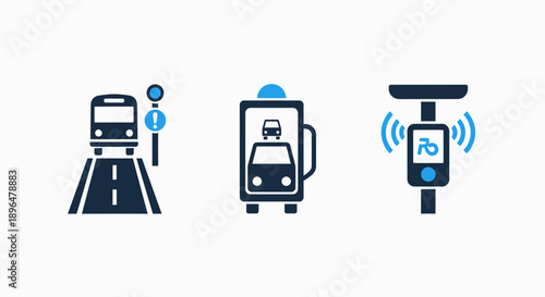 Icons depicting public transport, including a bus at a stop, bus tracking, and fare payment, for urban transit systems.