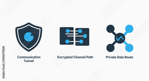 Cybersecurity Icons: Communication Tunnel, Encrypted Channel, Private Data Route, Blue and Dark Blue on White Background, Network Security