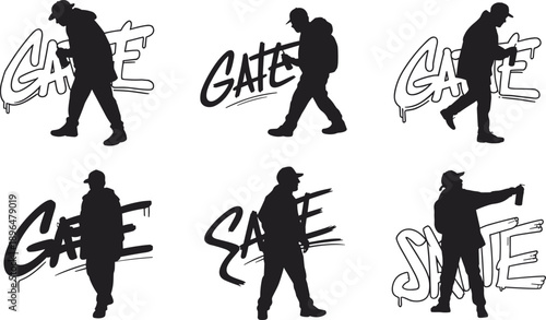 Graffiti artist silhouette set with spray paint actions and urban street art lettering, black flat vector illustrations for hip hop culture and design