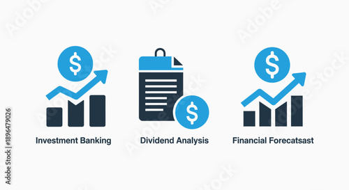 Finance Icons: Investment Banking, Dividend Analysis, Financial Forecasts, Blue and Dark Blue on White Background, Growth Concept