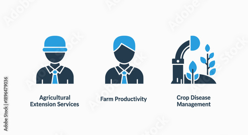 Agriculture Icons: Extension Services, Farm Productivity, Crop Disease Management, Blue and Dark Blue on White Background, Agricultural Science