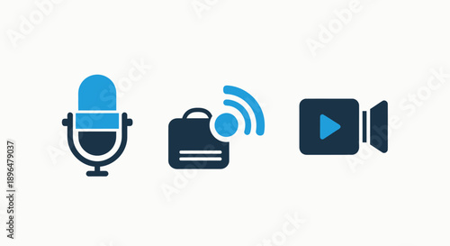 Media Icons: Microphone, Streaming Bag, Video Camera, Blue and Dark Blue on White Background, Content Creation Concept