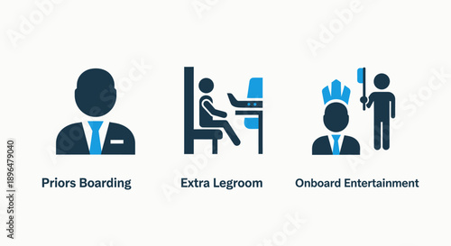 Travel Icons: Priority Boarding, Extra Legroom, Onboard Entertainment, Blue and Dark Blue on White Background, Airline Concept