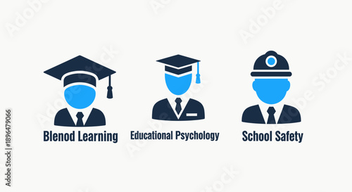 Educational Icons: Blend Learning, Educational Psychology, School Safety, Blue and Dark Blue on White Background, Modern Education