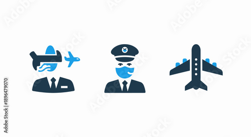 Aviation Icons: Pilot with Airplane Silhouette, Masked Pilot, Airplane Top View, Blue and Dark Blue on White Background, Travel Industry