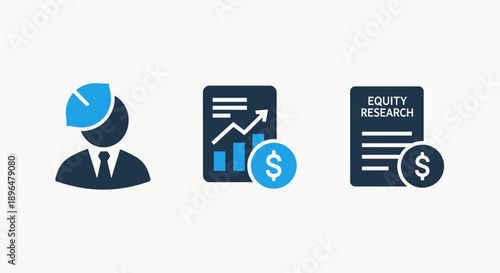 Finance Icons: Engineer Profile, Financial Growth Chart, Equity Research Report, Blue and Dark Blue on White Background, Investment Analysis