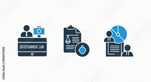 Law Icons: Entertainment Law Office, Justice Scales, Legal Team Meeting, Blue and Dark Blue on White Background, Legal Services