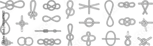 Hand Drawn Rope Knots Collection Illustration Featuring Sailing, Climbing and Decorative Knot Types in Vintage Line Art Style
